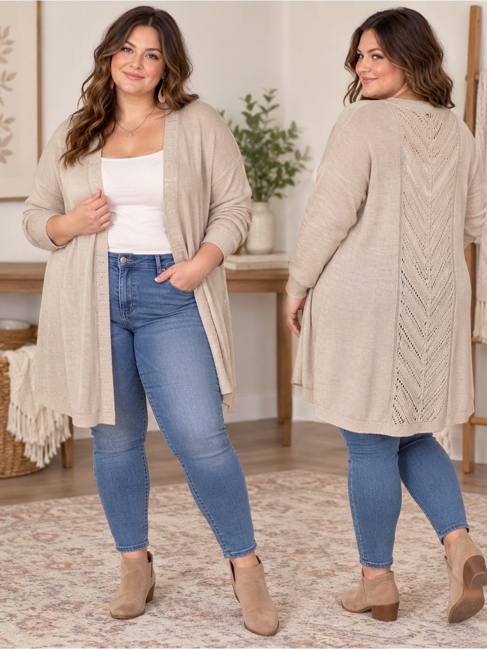 Cozy Open-Front Knit Cardigan - Beige